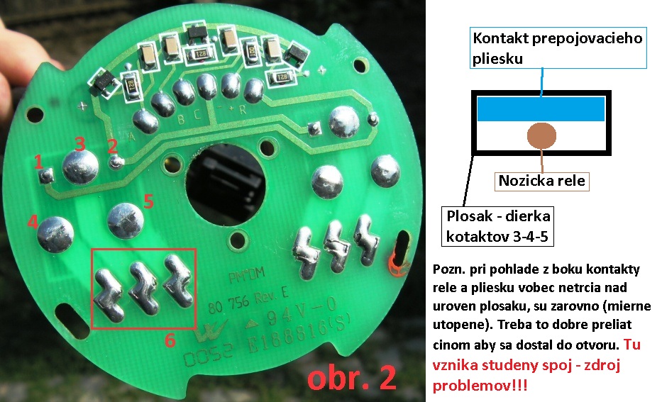 Kontakty 1 a 2 je napajanie rele (dal som 1 + a 2 - cca 6V uz pekne zopne - cvakne).<br />Pri zopnuti prepoji 3ku s 4 a 5. Pri rozopnutom nie je medzi 3-4-5 ziaden spoj.<br />Kontakty v casti 6 su iba na upevnenie druhej casti pliesku aby sa nehybal. Toto hybanie sposobuje u kontaktov 3-4-5 uvonenie a tym vznik studeneho spoja.